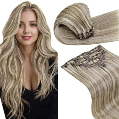 Image de LaaVoo Extension a Clip Cheveux Natural 7Pièces/105G 18Pouce/45cm in Remy Double Weft Highlight Brun Clair Mixte Blond Platine #p8/60