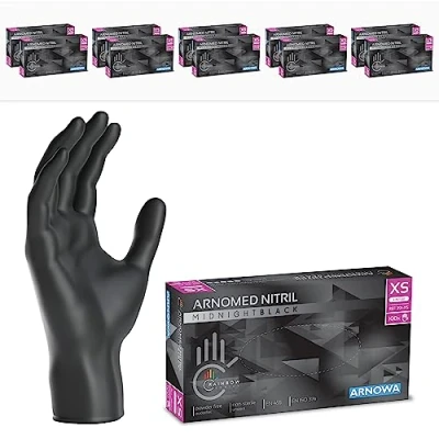 Image de ARNOMED gants nitrile taille XS, gant noir, 1000 pcs (10 boîtes), noir jetable non poudrés &amp; sans latex, de cuisine jetables, jetables S, M, L, XL, XXL
