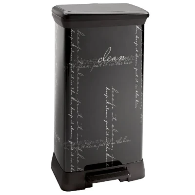 Image de CURVER Poubelle Rectangulaire à pédale Decobin 50L Fermeture Douce Aspect Métal Pour Cuisine, Bureau, Salle de Bain 39 x 29 72 cm Noir, Décor Calligraphie Recyclé(version précedente)