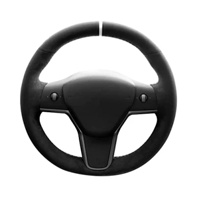Image de Alfanxi Housse de volant voiture en alcantara cousue à la main pour Tesla Model 3/Tesla Y (alcantara noir + rayures blanches)