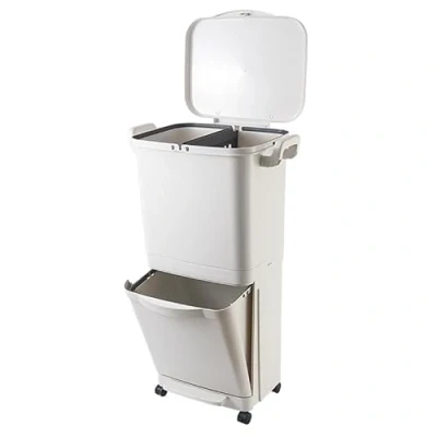 Image de Poubelle de Tri Sélectif pour Recyclage 45L VALORIS à Pédale avec Roulettes et Poignée Double Compartiment 30L + 15L