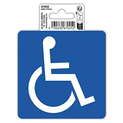 Image de Exacompta Réf. 67045E 1 pictogramme adhésif réservé handicapés En vinyle PVC traité anti dérapant Finition brillante Dimensions : 10 x cm Coloris blanc sur fond bleu