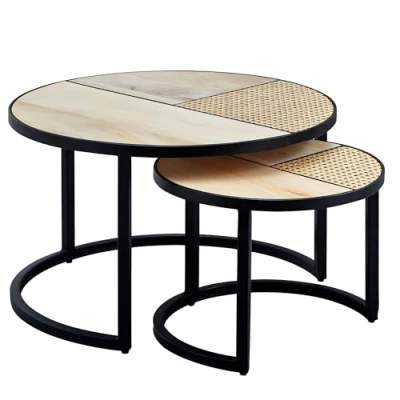 Image de FineBuy Tables Gigogne Ensemble Deux pièces Bois Massif/Métal Table de Salon d&#039;appoint Ronde Style Industrielle Meubles en Massif Basse