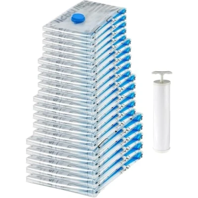 Image de Amazon Basics housses de rangement sous vide avec pompe manuelle (5 taille S, 5 M, L, Jumbo), Fermeture éclair, Multiple, 20 pièces, 4 lot 5, Claire