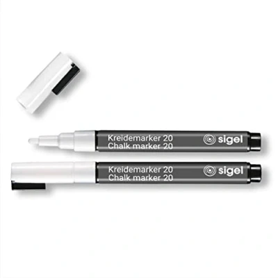 Image de SIGEL Ba178 Lot de 2 Marqueurs à Craie Liquide 20, Effaçables. Pointes Ogives Ø 1 Mm, Blanc