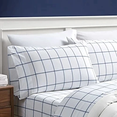 Image de Nautica Draps pour lit Simple XL, Ensemble de literie en Percale Coton, Gracieuse et fraîche, légère Respirante, Essentiels Chambre dortoir (Carreaux Bleus, jumeau XL)