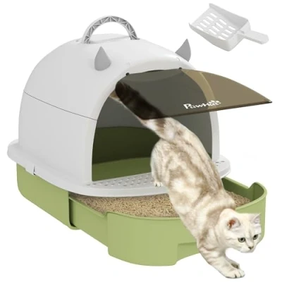 Image de PawHut Maison de Toilette pour Chat, bac à litière fermé 2 Packs filtres au Charbon poignée Transport Porte translucide Nettoyage Facile Vert