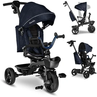 Image de LIONELO Kori 2en1 tricycle bébé évolutif de 1,5 jusqu&#039;à 25 kg, siège rotatif à 360 degrés, roue libre dossier réglable, porte gobelet, sac fermé, 2 paniers spacieux (Vert)