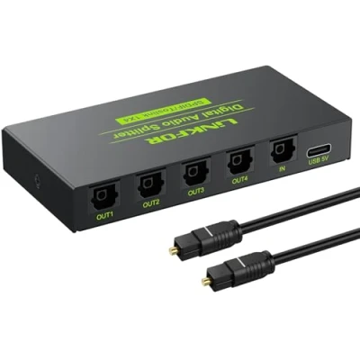 Image de Switch Optique Audio, LiNKFOR 4x1 Commutateur Audio Toslink SPDIF Fibre Numérique Splitter Support LPCM2.0 DTS Dolby AC3 avec Câble