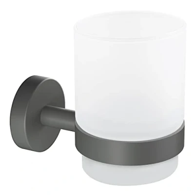 Image de tesa® Moon Grey Gobelet Porte Brosse à Dents en Verre satiné avec Support, Gris Mat Salles de Bains Modernes et Style Industriel sans Perçage 96 mm x 70 109