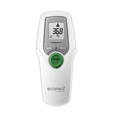 Image de ecomed TM 65E Thermomètre médical, Sans contact, Infrarouge, frontal précis, Pour bébés, jeunes enfants et adultes, Fonction mémoire incluse, Température ambiante, des liquides