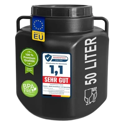 Image de plasteo® tonneau rectangulaire à col large de 50 litres avec couvercle et poignées, noir, convient un usage alimentaire sans BPA, universel en plastique