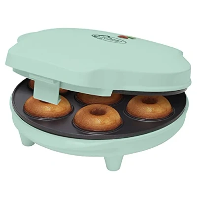 Image de Bestron Appareil à Donuts au Design Rétro, Mini Machine pour 7 petits Donuts, inclut Témoin de Cuisson &amp; Revêtement Antiadhésif, 700 Watts, Sweet Dreams Collection, Couleur: Vert