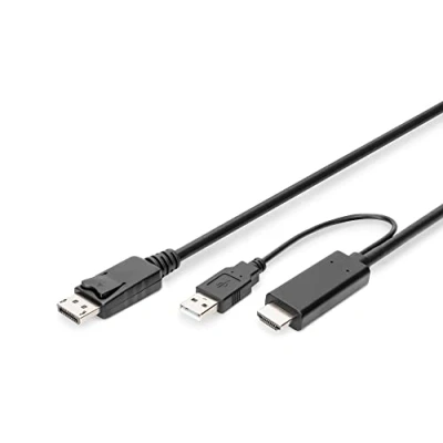 Image de DIGITUS Câble adaptateur HDMI actif vers DisplayPort 2 m UHD 4k30Hz 1.4 DP 1.2 Source d&#039;alimentation externe USB A Plug &amp; Play Noir