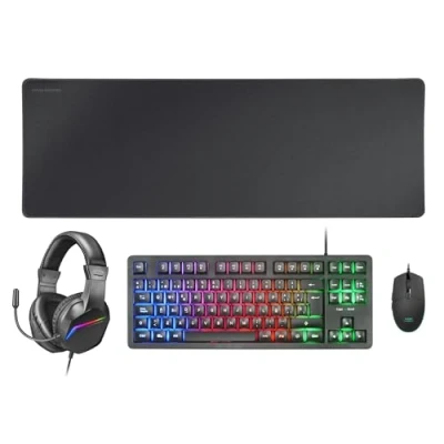 Image de Mars Gaming MCP RGB3, Ensemble Clavier Fixe RGB + Souris Flow 3200 DPI Casque Over Ear Tapis de XXL, Noir, Langue Française