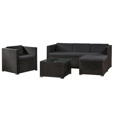 Image de Juskys Salon de Jardin en polyrotin Lounge Punta Cana L, résistant aux intempéries avec canapé, Fauteuil, Tabouret, Table &amp; Coussins 4 5 Personnes Ensemble Meubles Noir/Gris