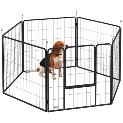 Image de PawHut Parc pour Chien, enclos Chien 6 Panneaux modulable et Pliable, Portable en Acier 80H cm avec Porte, clôture Chat, Petite Moyenne Taille, intérieur extérieur, Gris