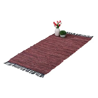 Image de Relaxdays Tapis tissé, 70 x 140 cm, Coton et Cuir, Descente de lit à Franges, antidérapant, natte décorative, Rouge