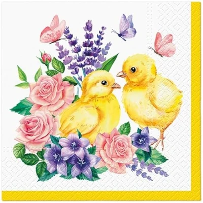 Image de Lot de 20 serviettes en papier avec motif poussins sur belles fleurs Convient également pour le découpage et la technique des 33 x cm