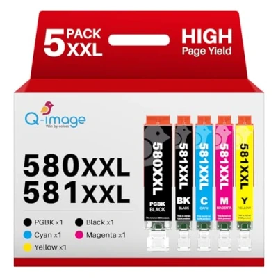 Image de Q image Compatible Cartouche pour Canon PGI 580 CLI 581 XXL Encre Pixma TR8550 TR7550 TS705 TS705a TS6350 TS6350a TS6351 TS6351a TS6250 TS6150 TS8150 TS8250 TS9550 TS9551C TS6151 TS6251 (5 Pack)