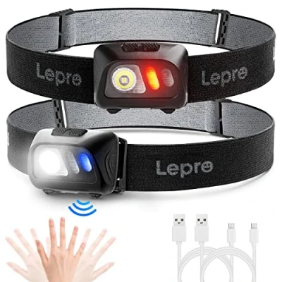 Image de Lepro Lampe Frontale Rechargeable, 1500 Lux 5 Modes d&#039;Eclairage, Torche LED Ultra Puissante USB, Détecteur de Mouvement, 60 Réglable Étanche et Léger Pour Pêche, Camping, Course à Pieds