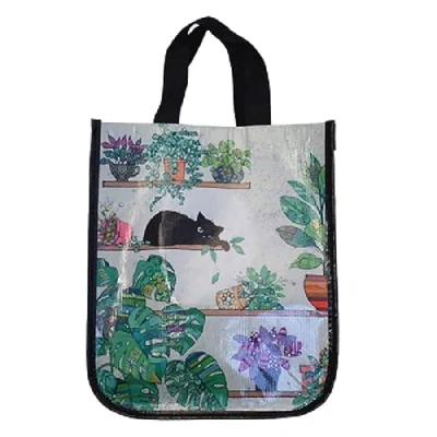 Image de KIUB Cabas de courses en matière recyclée motif chat sur une étagère avec des plantes format 31x26 cm épaisseur 18CM Blanc