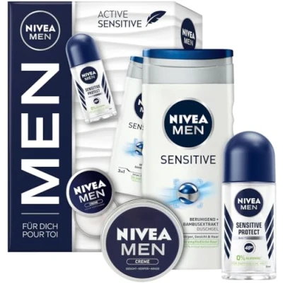 Image de NIVEA Men Active Sensitive Coffret cadeau avec produits de soin hydratants gel douche sensible, déodorant anti transpirant Protect roll on et crème