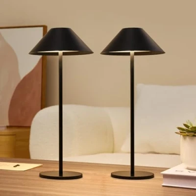 Image de Lalavon Lampe de Table LED Dimmable Sans Fil, 4000mAh Rechargeable a Poser avec USB C, 3 Couleur Tactile Fil 3000K 6000K, pour Terrasse Restaurant Exterieur, IP54, Lot 2 (Noir)