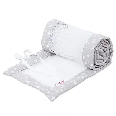 Image de babybay Tour de Lit en Maille Piqué Convient pour Modèle Maxi Boxspring Comfort/Comfort Plus Gris Perle avec Étoiles Blanc 1 Unité