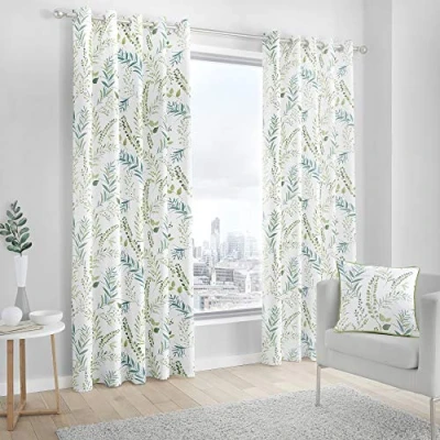 Image de Fusion Fernworthy Rideaux doublés à œillets 100% Coton Motif Feuilles Vert 168 x 183 cm