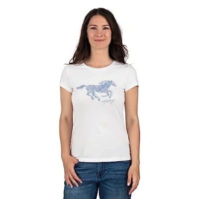 Image de MUSTANG T shirt d&#039;été à col rond et Coupe ajustée Manches courtes Logo imprimé 100 % coton Blanc, bleu, vert, rouge, S, M, L, XL, XXL, Blanc (1014029 2045), M