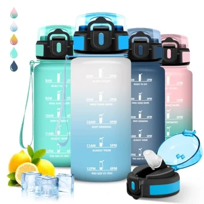 Image de Gourde, 500ml Gourde Enfant, Paille, Anti Fuite, Graduée pour 1 Journee, Facile à Nettoyer, Running, avec Slogan de Motivation, Reutilisable École, Bureau, Camping