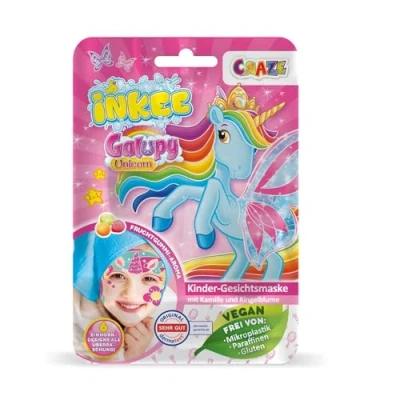 Image de INKEE Masque visage enfants GALUPY UNICORN de beauté en tissu à l&#039;arôme chewing gum fruité, extraits calendula et camomille hydratant pour filles partir 6 ans