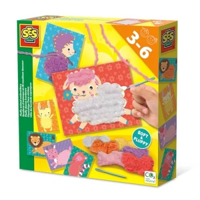 Image de SES Creative 14043 broderie d’animaux en fil moelleux douceur, avec fourrure super douce, aiguille plastique sûre, set complet cartes de pour enfants