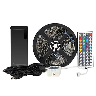 Image de LED Strip EPBOWPT 5050 SMD RGB 5m 16.4 ft 300 Kit ruban lumineux bande étanche IP65 en noir PCB avec télécommande 44 touches + UE Plug DC 12 V Alimentation