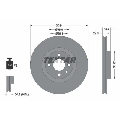 Image de TEXTAR PRO 92055203 Disque de frein 284 22 04/06 98 ventilé l&#039;intérieur revêtu sans boulon fix roue, moyeu roue
