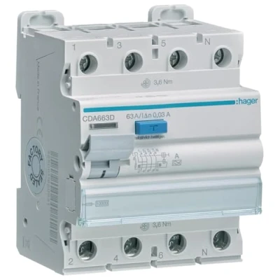 Image de Hager CDA663D Disjoncteur différentiel A 4 pôles 63 0,03 400 V