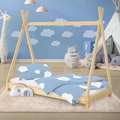 Image de ML Design Lit d&#039;enfants Tipi 80x160 cm avec Sommier à Lattes, Bois Massif Naturel, Tente Indien, Cadre de pour Fille et Garçon, Stable, Robuste, Jeu Intérieur, Simple d`Adolescents