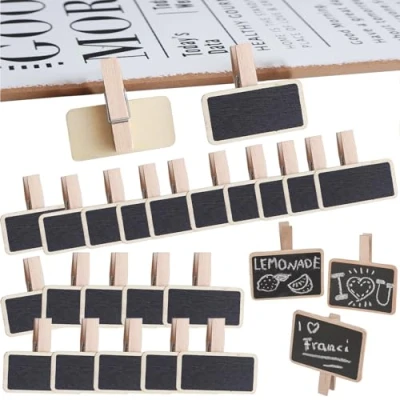 Image de RXKFIGX 50 Pcs Tableau Noir en Bois Mini Tableaux Mémo Clip Rectangle Avec Pince Ardoise pour Memo Food Label Décoration de Fête Mariage