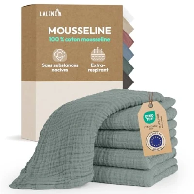 Image de Laleni Lot de 5 Lange Bebe 70x70 Langes Coton bébé Haute qualité 100% Multi Usage Gaze mousselines très absorbantes debarbouillette Lavable Carre Vert