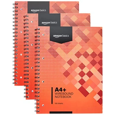 Image de Amazon Basics Cahier à reliure spirale, 100 feuilles, 200 pages A4+, 80 g/m², lot de 3, Rouge