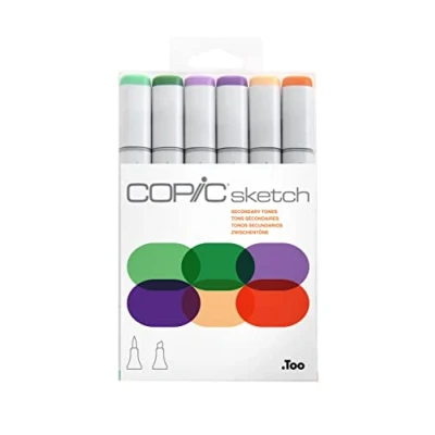 Image de COPIC Sketch Set de 6 marqueurs à encre alcool permanente double pointe, pointe pinceau ultra souple et large biseautée, rechargeable Couleurs Teintes Secondaires
