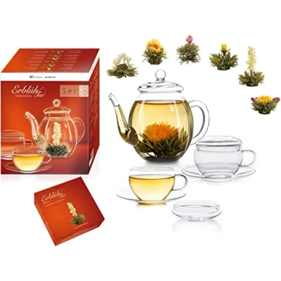 Image de Creano fleurs de Thé Coffret cadeau « Floraison » Avec Théière en Verre 500ml, 2 Tasses 100ml blanc (6 Sortes différentes)