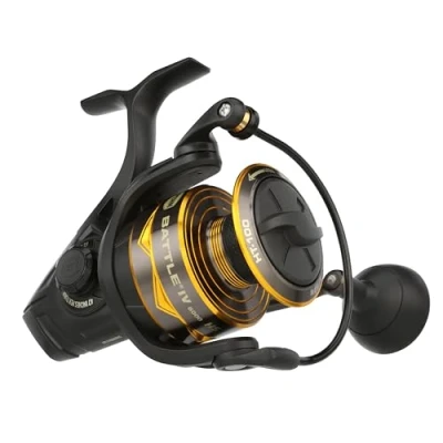 Image de PENN Moulinet Spinning Battle® IV, pêche en Eau salée, appâts et leurres pour Poissons Aluminium, Robuste, ambidextre, 6000 Haute Vitesse, Taille 6.2:1, Noir, Or fumé.