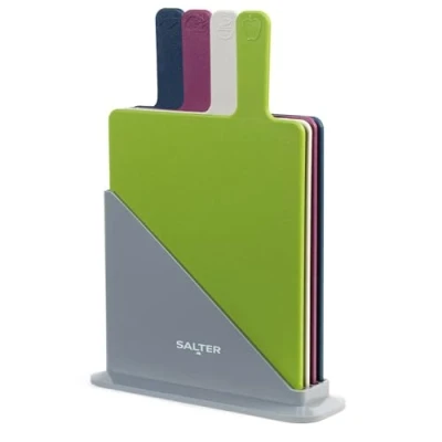 Image de Salter BW04768 Ensemble de Planches Découper Lot 4 Avec Support, Plastique Planche à Cuisine, Idéal pour Servir la Charcuterie, Pain, Fruits, Fromage, Durable, Lave Vaisselle