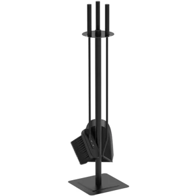 Image de VOUNOT Ensembles d’Outils de Cheminée 4 Pièces en Métal Serviteur Balai Pelle Tisonnier et Support Pour Poêle à Bois Noir