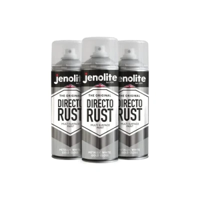 Image de JENOLITE Directorust Peinture en aérosol métallisée brillante OR BLANC multi surfaces Apprêt, sous couche et finition tout un 3 x 400 ml