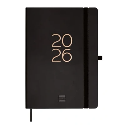 Image de Finocam Agenda 2026 Semaine sur 2 pages, Présentation verticale Janvier Décembre (12 mois) A5 avec élastique et signet en ruban tissé Couverture souple Capri Noir International