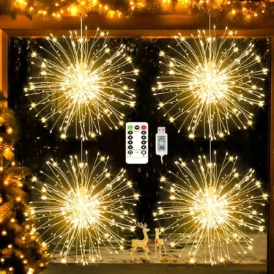 Image de yowin Guirlande Lumineuse de Noël 4x120 LED Lamps Feux d&#039;artifice Alimenté per USB, 8 Modes Fil Cuivre à Télécommande pour Intérieure Extérieure Décoration
