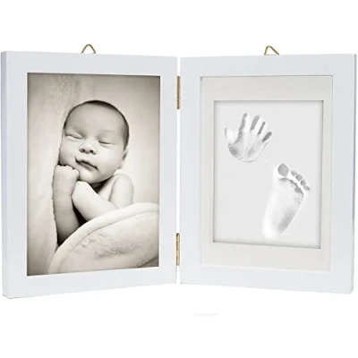 Image de Chuckle Kit Empreinte Pieds &amp; Mains de Bébé avec Cadre en Bois Rouleau à Pâte Décoration Chambre, Cadeau, Souvenir Naissance Non Toxique Facile Utiliser